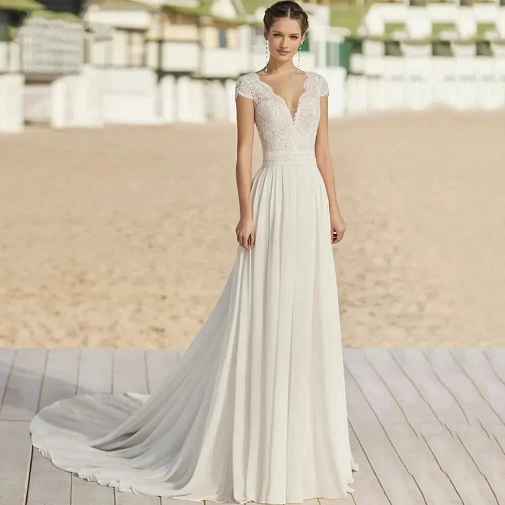 Bohemian V Neck Chiffon Wedding Dresses Short Sleeve Illusion Buttons Back Lace Vestido De Noiva Robe De Mariee - Image 3
