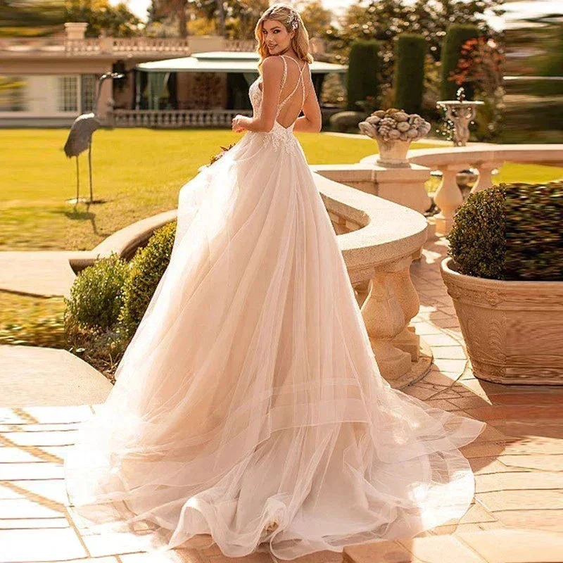 Bohemian Wedding Dresses Sexy Women Elegant Sleeveless Bridal Gowns A-Line Tulle Lace Applique Sexy Backless Robe Vestido - Image 3