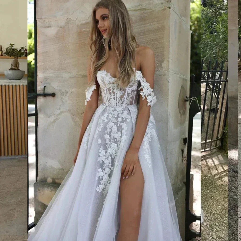Bohemian Wedding Dresses Women's Sexy and Elegant Side High Split Tulle Lace Applique Off Shoulder Princess Bridal Gowns De - Image 2