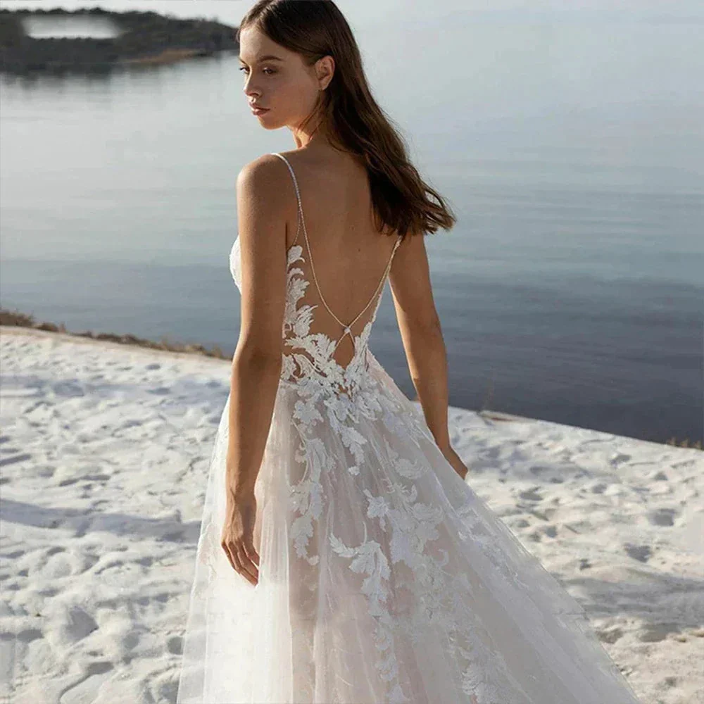 Bohemian Wedding Dresses Women's Sexy Backless Lace Applique Sleeveless V-Neck A-Line Princess Bridal Gowns Formal Beach Party - Image 2