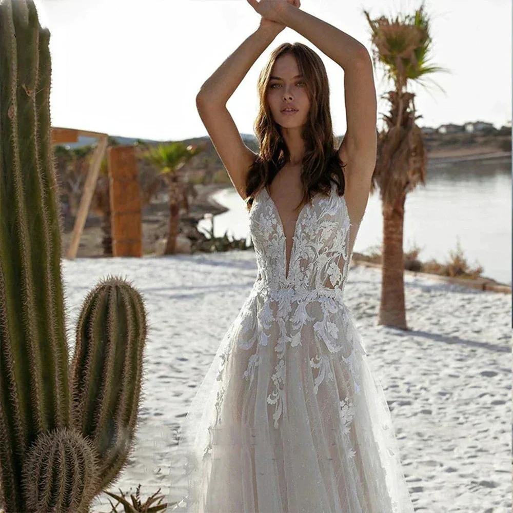 Bohemian Wedding Dresses Women's Sexy Backless Lace Applique Sleeveless V-Neck A-Line Princess Bridal Gowns Formal Beach Party - Image 3