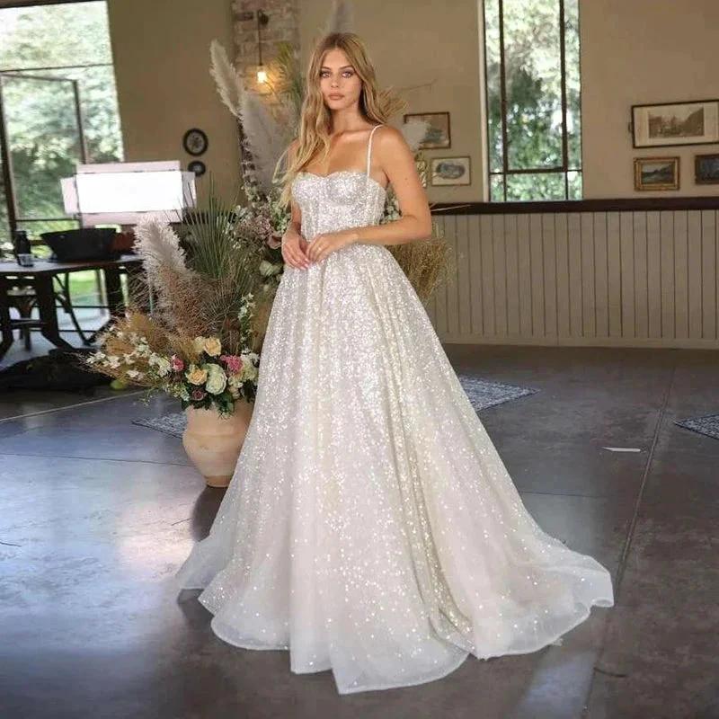 Bohemian Wedding Gowns A-Line Women's Sweetheart Bridal Dresses Sexy Sleeveless Sparkling Tulle Robe Vestidos Fiesta فستان - Image 4