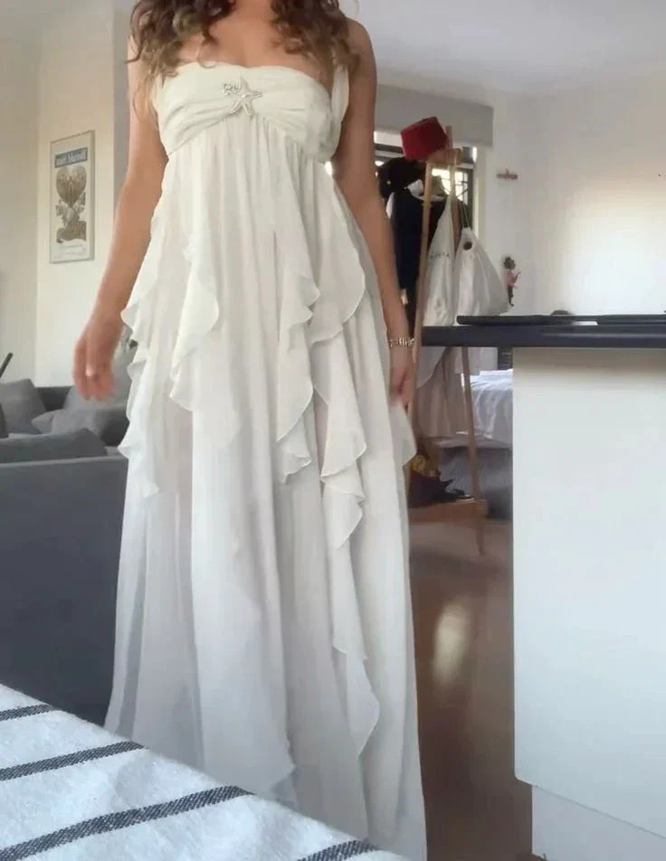 Bohemian White Chiffon Evening Dress Halter Prom Dress Party Gown Y7542 - Image 2