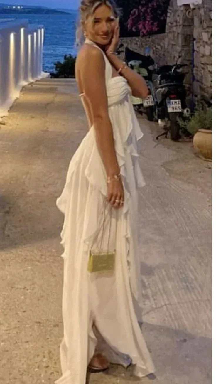 Bohemian White Chiffon Evening Dress Halter Prom Dress Party Gown Y7542 - Image 3