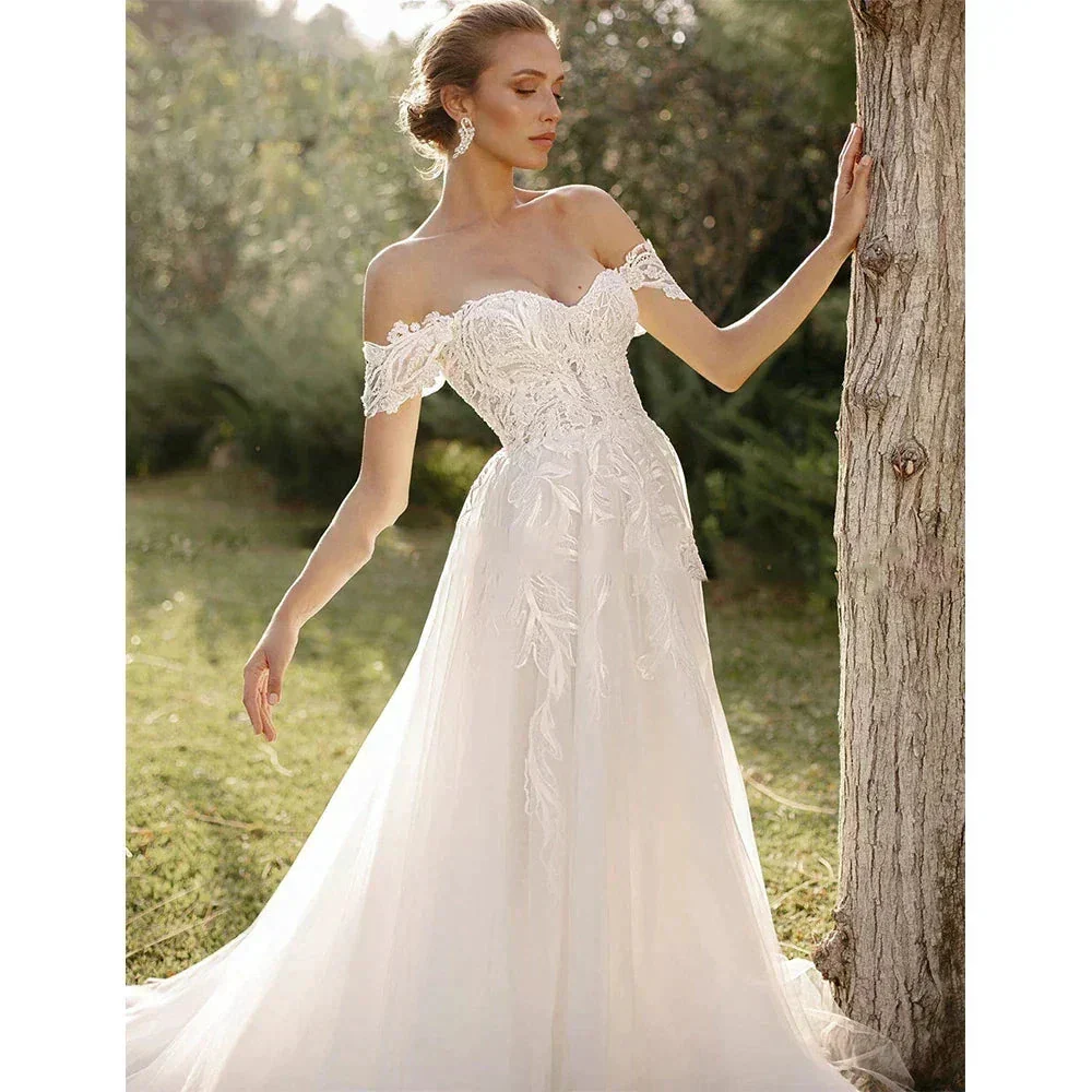 Bohemian Women's Wedding Dresses Sexy Off Shoulder A-Line Sheer Sticker Princess Prom Bridal Gowns  Vestidos De Novia Robe - Image 2