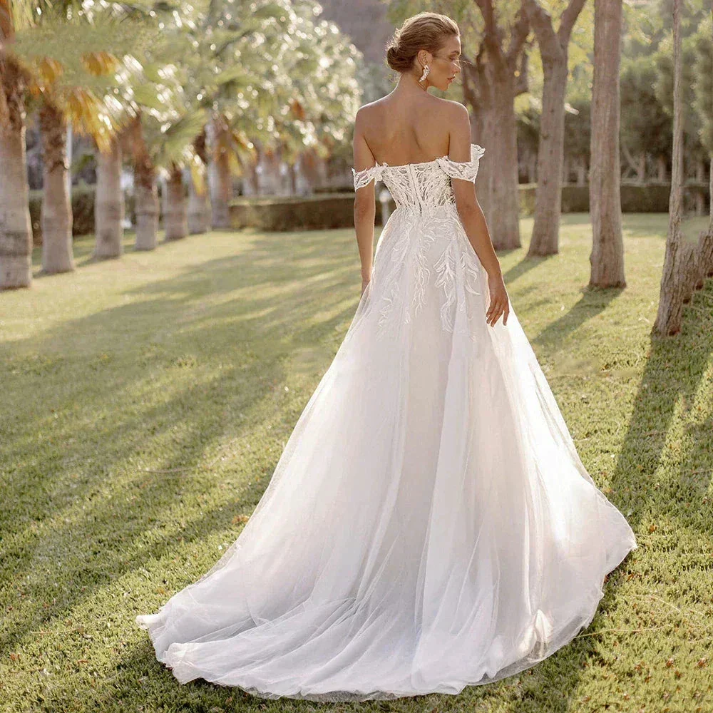 Bohemian Women's Wedding Dresses Sexy Off Shoulder A-Line Sheer Sticker Princess Prom Bridal Gowns  Vestidos De Novia Robe - Image 3