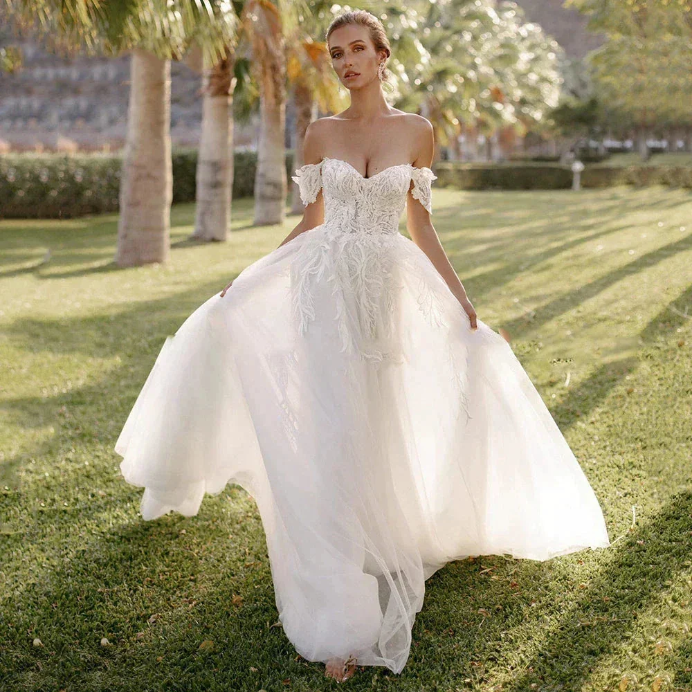 Bohemian Women's Wedding Dresses Sexy Off Shoulder A-Line Sheer Sticker Princess Prom Bridal Gowns  Vestidos De Novia Robe - Image 4