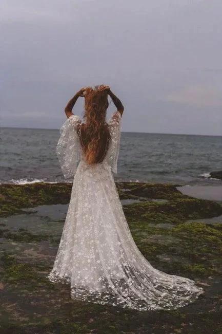Boho A-Line Long Sleeves Backless Wedding Dresses With Lace - Image 2