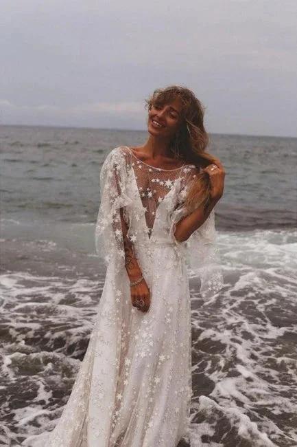 Boho A-Line Long Sleeves Backless Wedding Dresses With Lace - Image 3