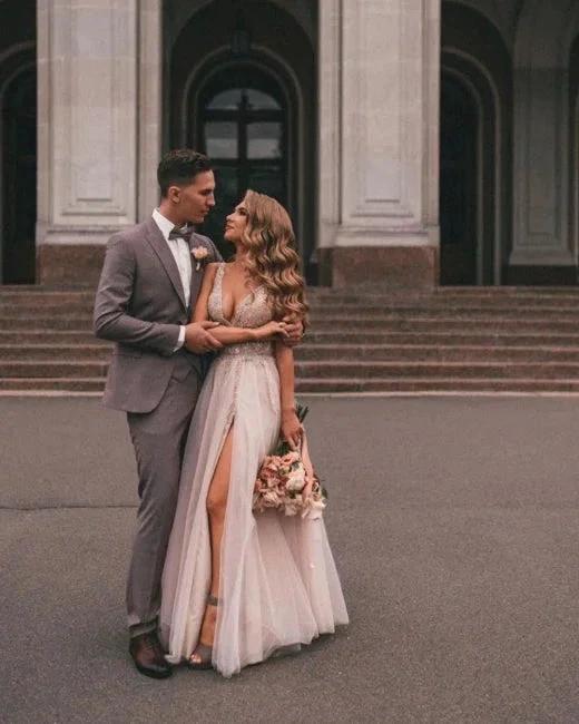 Boho A-line V-Neck Slit Wedding Dresses with Lace - Image 4