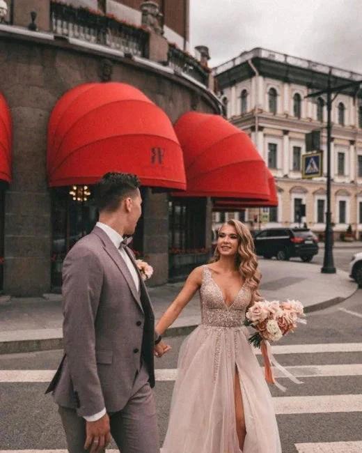 Boho A-line V-Neck Slit Wedding Dresses with Lace - Image 5