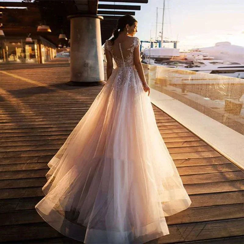 Boho Beach Wedding Dress O-Neck Appliques Lace Top Vintage Princess Wedding Gown Cap Sleeve Simple Bride Dress 2020 - Image 2