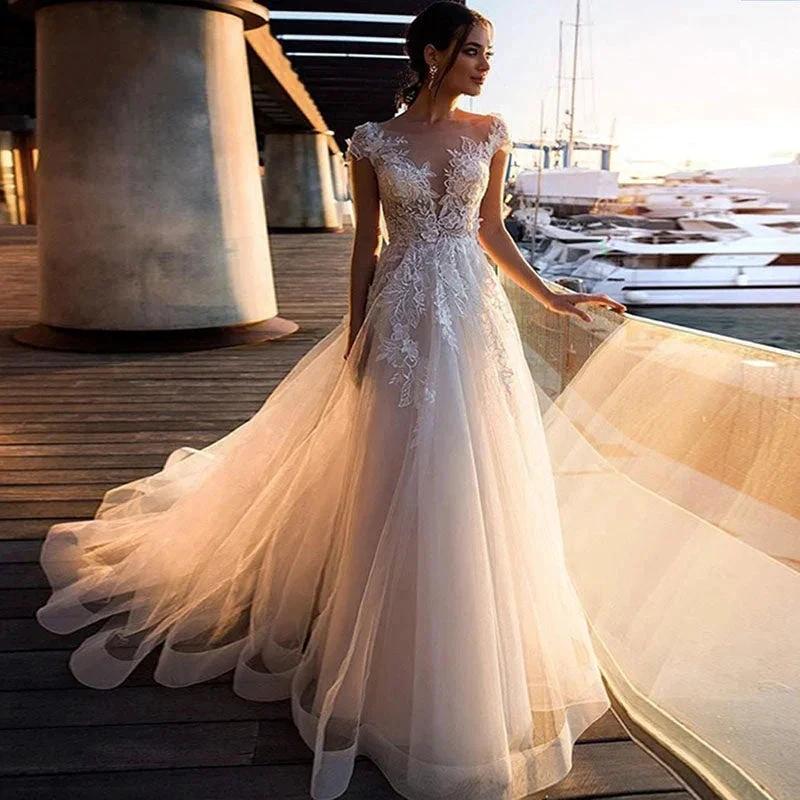 Boho Beach Wedding Dress O-Neck Appliques Lace Top Vintage Princess Wedding Gown Cap Sleeve Simple Bride Dress 2020 - Image 3