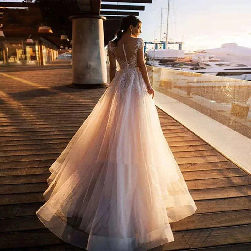 Boho Beach Wedding Dress O-Neck Appliques Lace Top Vintage Princess Wedding Gown Cap Sleeve Simple Bride Dress 2020 - Image 4