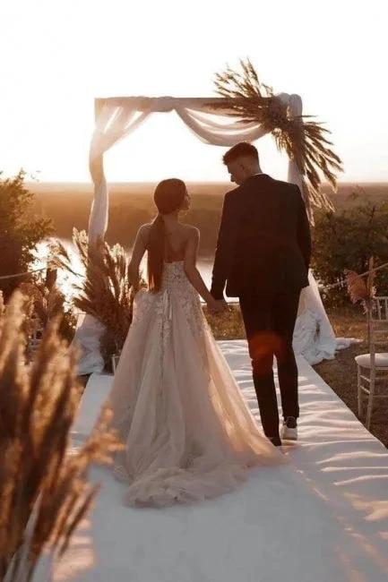 Boho Champagne A-Line Lace Sleeveless Tulle Wedding Dresses With Slit - Image 2