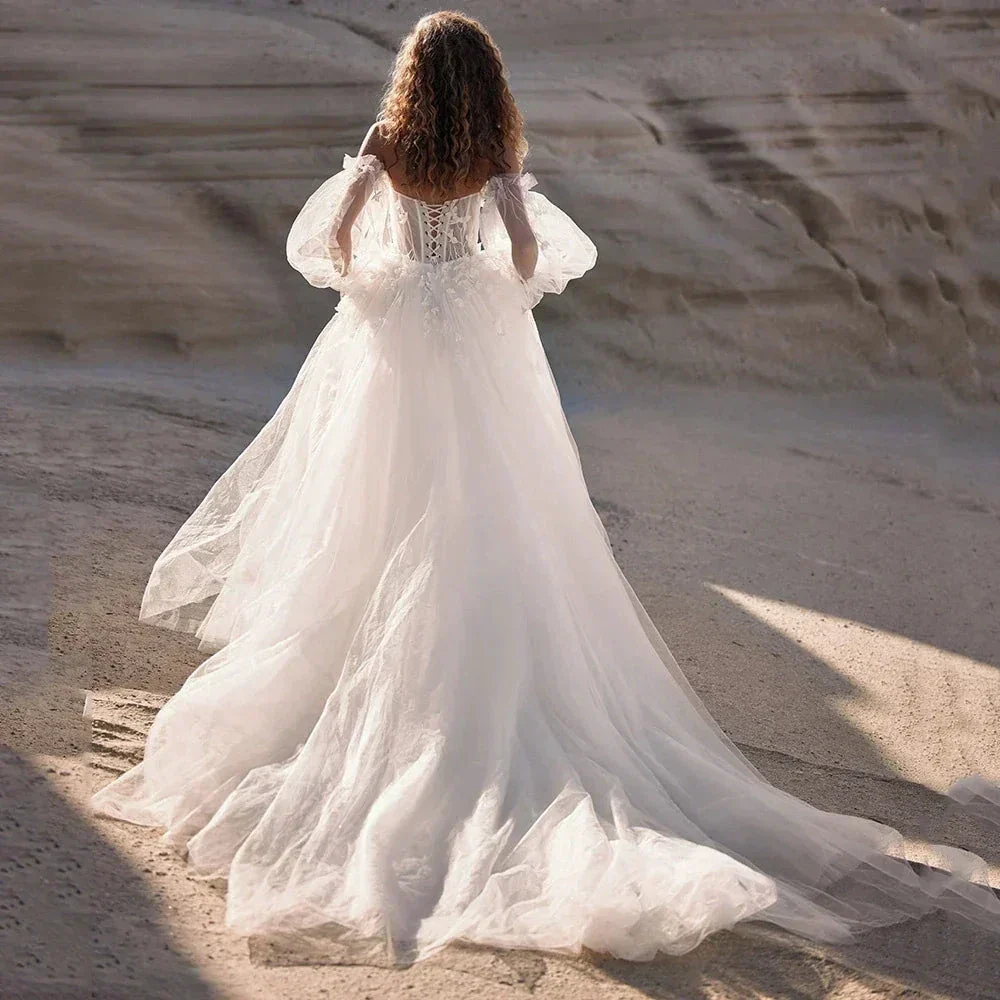 Boho Detachable Off Shoulder Long Puff Sleeves Wedding Dress Sweetheart Appliques Vestido De Noiva A Line Vestidos De Novia - Image 2