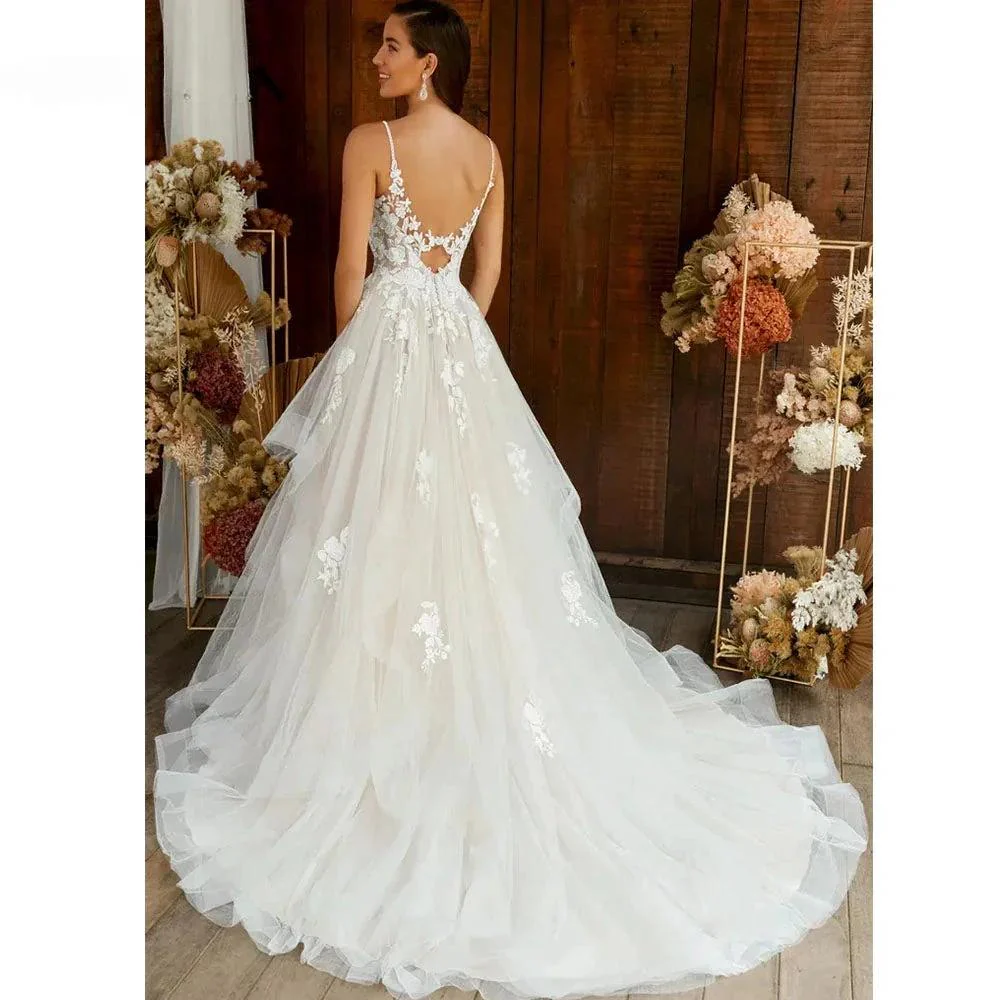 Boho Elegant Wedding Dress For Women  V-Neck A-Line Tiered Lace Appliques Backless Bridal Gowns Vestidos De Novia - Image 2