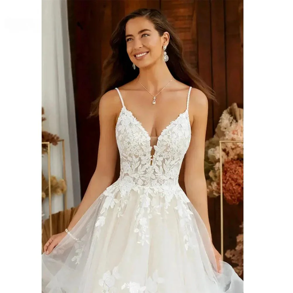 Boho Elegant Wedding Dress For Women  V-Neck A-Line Tiered Lace Appliques Backless Bridal Gowns Vestidos De Novia - Image 3