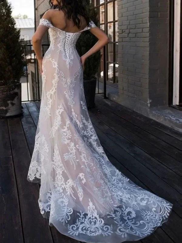 Boho Elegant Wedding Dresses Mermaid Off The Shoulder Customized Lace Short Sleeve Floor Length Bridal Gown With Sweep Train - Image 2