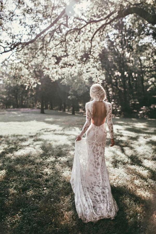 Boho High Neckline Long Sleeves Lace Wedding Dresses Rustic Wedding WD594 - Image 3