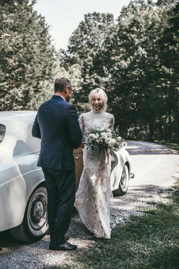 Boho High Neckline Long Sleeves Lace Wedding Dresses Rustic Wedding WD594 - Image 4