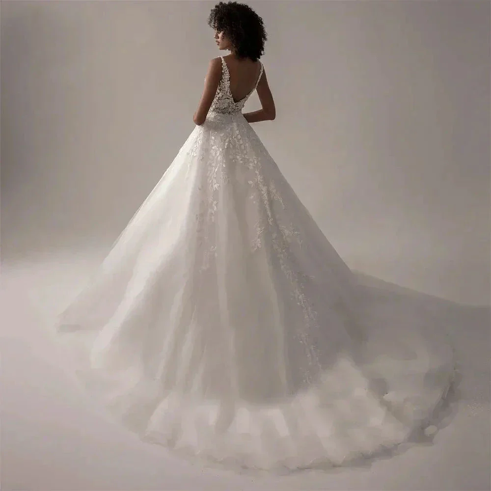 Boho Lace Appliques Wedding Dresses A Line Fuffy Tulle Ball Gowns Sleeveless V Neck Formal Bride Beach Party Vestido De Novia - Image 2