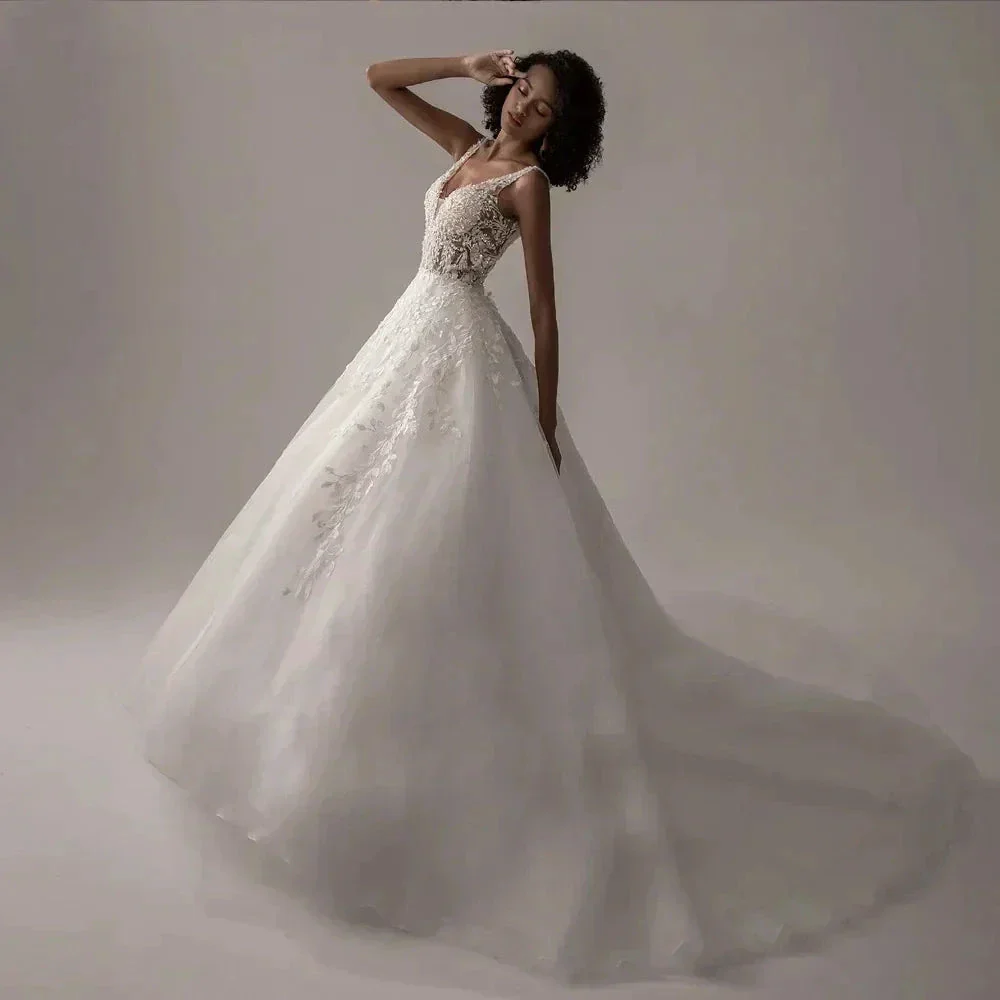 Boho Lace Appliques Wedding Dresses A Line Fuffy Tulle Ball Gowns Sleeveless V Neck Formal Bride Beach Party Vestido De Novia - Image 3