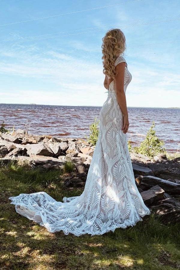Boho Lace Sheath Sweep Train Sheath Beach Wedding Dresses  WD592 - Image 2