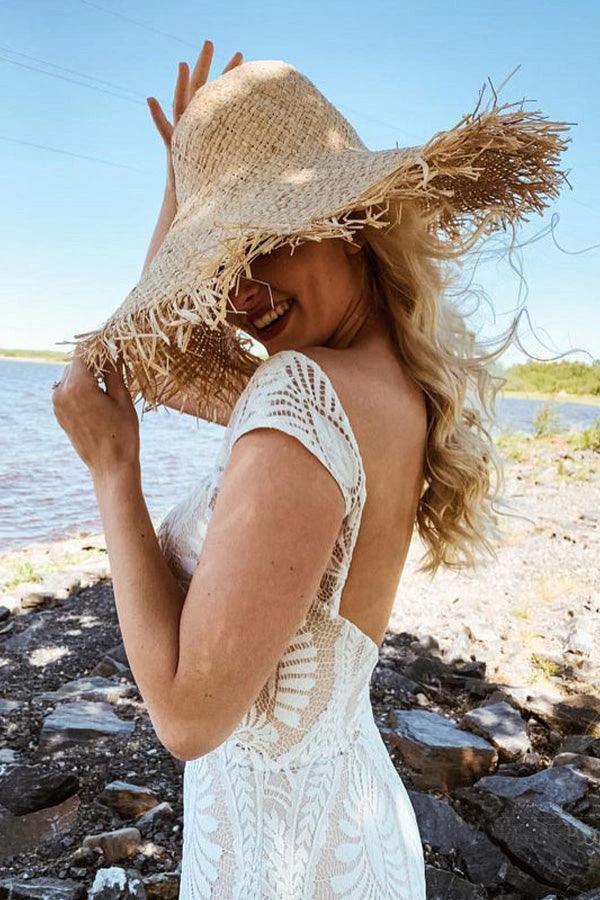 Boho Lace Sheath Sweep Train Sheath Beach Wedding Dresses  WD592 - Image 3
