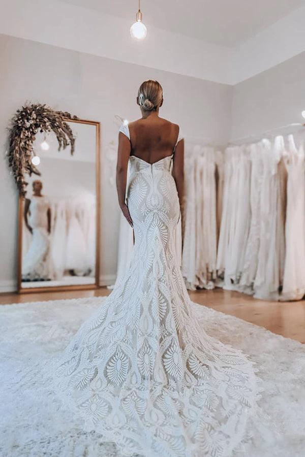 Boho Lace Sheath Sweep Train Sheath Beach Wedding Dresses  WD592 - Image 4
