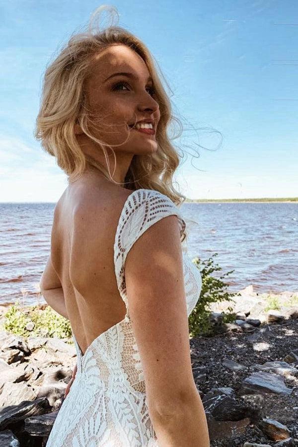 Boho Lace Sheath Sweep Train Sheath Beach Wedding Dresses  WD592 - Image 5