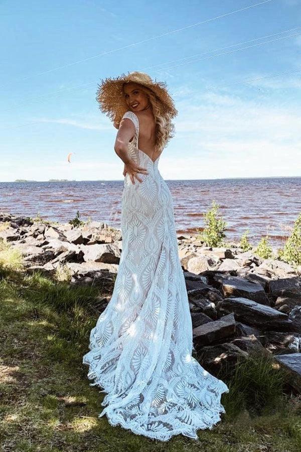 Boho Lace Sheath Sweep Train Sheath Beach Wedding Dresses  WD592 - Image 6