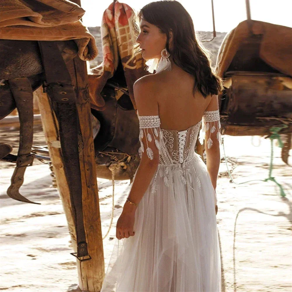 Boho Lace Tassel Tulle Beach Wedding Dresses Sweetheart Neck Off The Shoulder A-Line Illusion Lace Up Backless 2023 Bridal Gowns - Image 2