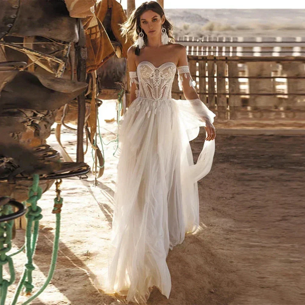 Boho Lace Tassel Tulle Beach Wedding Dresses Sweetheart Neck Off The Shoulder A-Line Illusion Lace Up Backless 2023 Bridal Gowns - Image 3