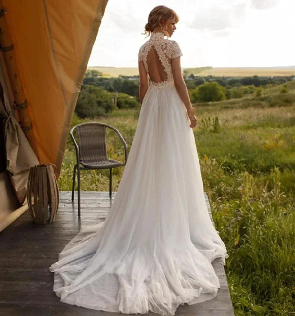Boho Lace Tulle High Neck Wedding Dresses Women's Cap Sleeves A-Line Bohemian Bridal Gowns Vintage Elegant Robes De Mariée - Image 2
