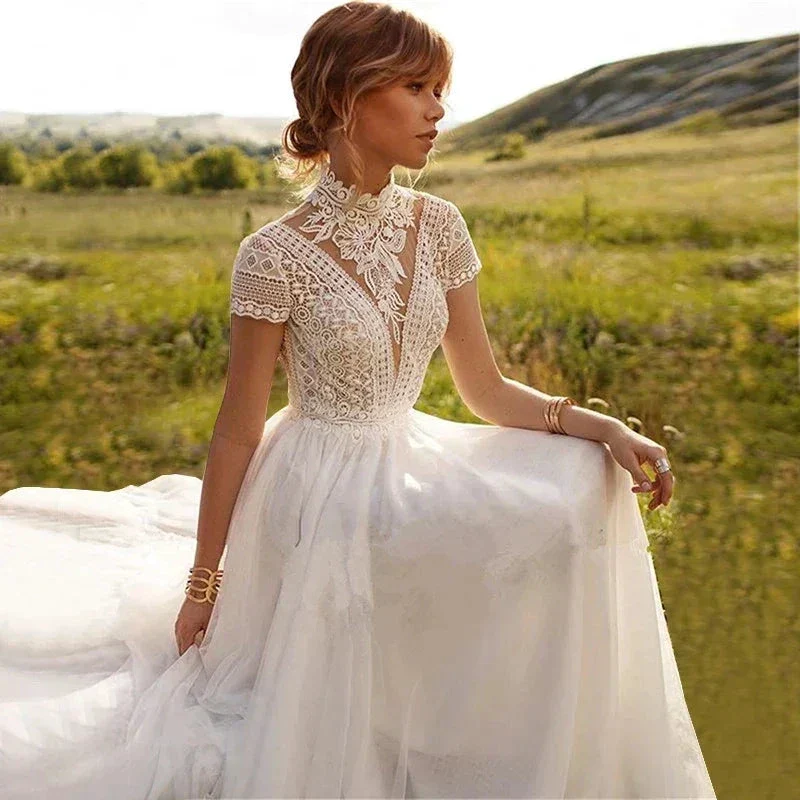 Boho Lace Tulle High Neck Wedding Dresses Women's Cap Sleeves A-Line Bohemian Bridal Gowns Vintage Elegant Robes De Mariée - Image 3