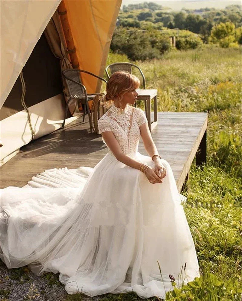 Boho Lace Tulle High Neck Wedding Dresses Women's Cap Sleeves A-Line Bohemian Bridal Gowns Vintage Elegant Robes De Mariée - Image 4