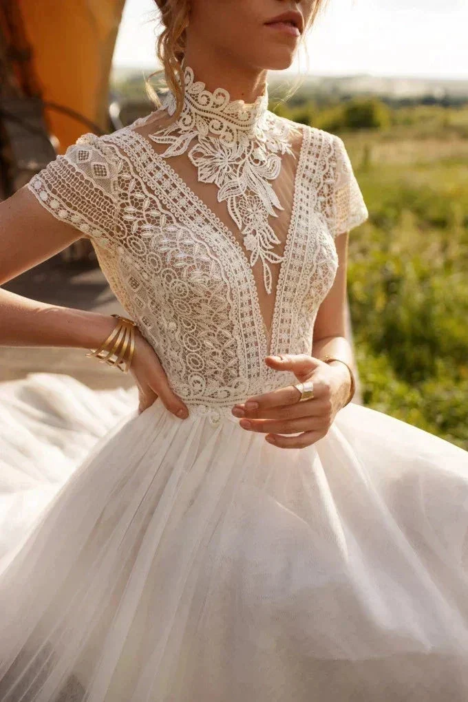 Boho Lace Tulle High Neck Wedding Dresses Women's Cap Sleeves A-Line Bohemian Bridal Gowns Vintage Elegant Robes De Mariée - Image 5