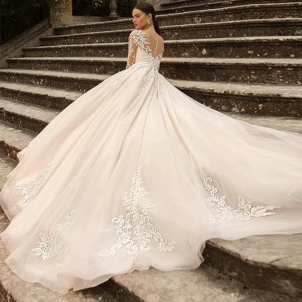 Boho Lace Tulle Wedding Dress  Princess Champagne A-Line V-Neck Long Sleeves Appliques Illusion Backless With Button Bridal Gown - Image 2