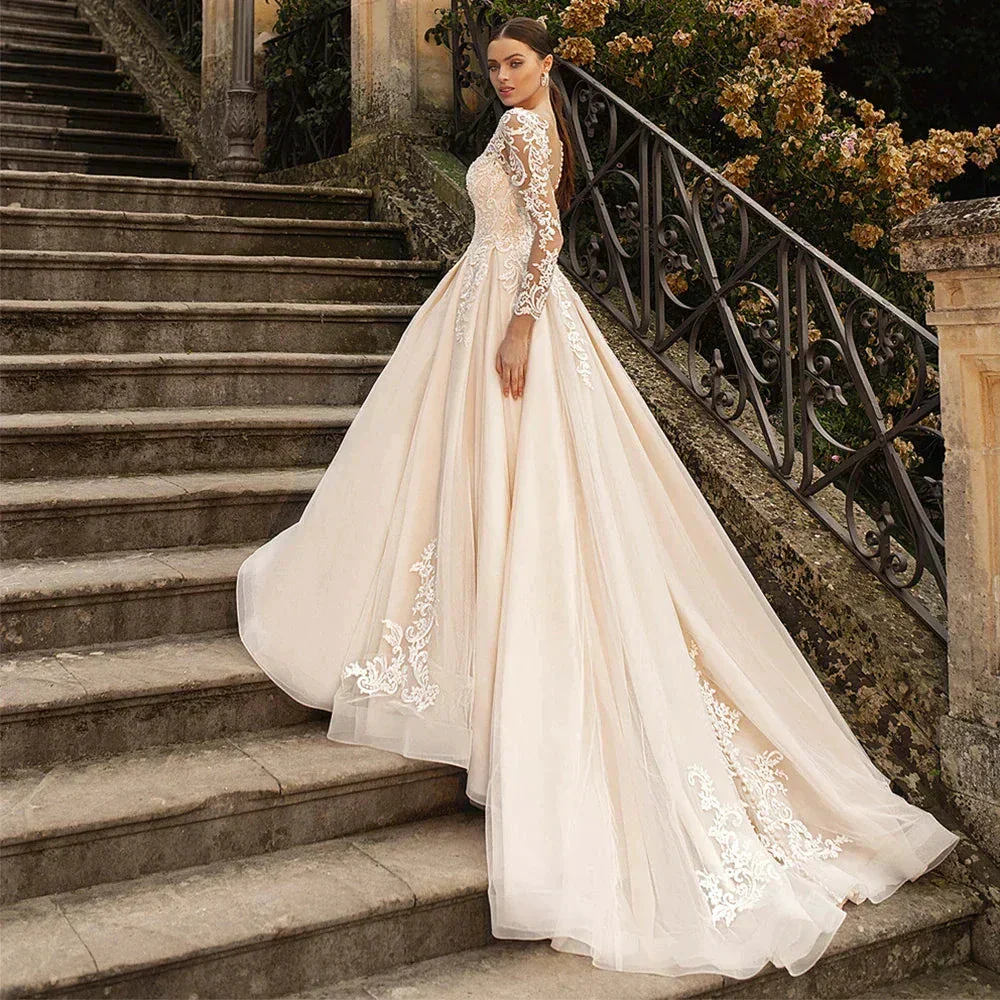 Boho Lace Tulle Wedding Dress  Princess Champagne A-Line V-Neck Long Sleeves Appliques Illusion Backless With Button Bridal Gown - Image 3