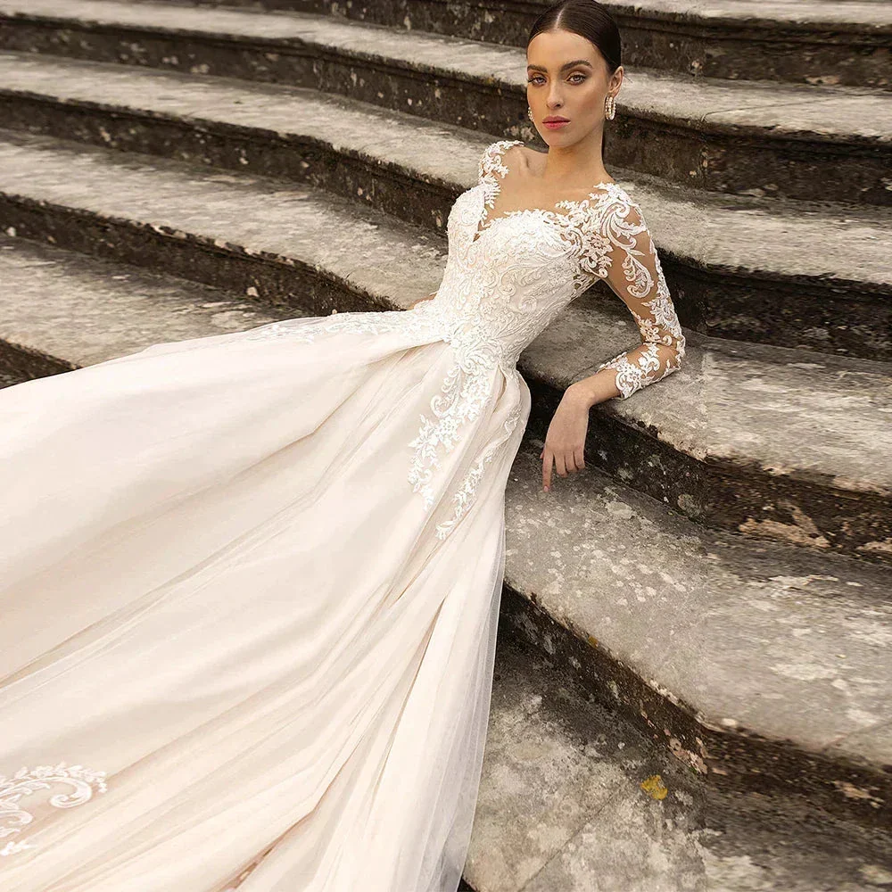 Boho Lace Tulle Wedding Dress  Princess Champagne A-Line V-Neck Long Sleeves Appliques Illusion Backless With Button Bridal Gown - Image 4