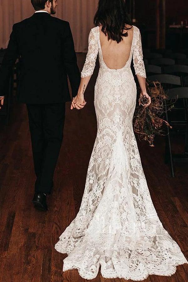 Boho Lace V Neck Mermaid Wedding Dresses With Court train WD581 - Image 2