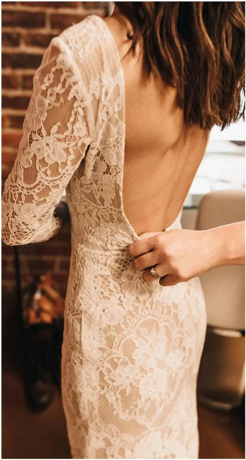 Boho Lace V Neck Mermaid Wedding Dresses With Court train WD581 - Image 3