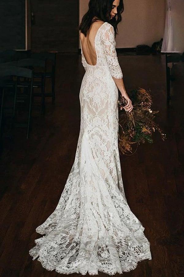 Boho Lace V Neck Mermaid Wedding Dresses With Court train WD581 - Image 4
