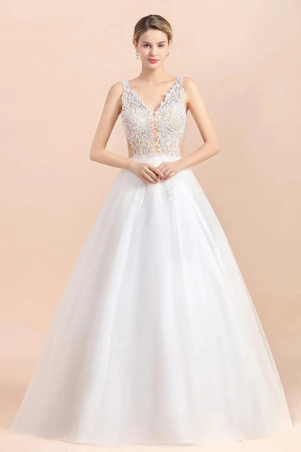 Boho Long A-line V-Neck Straps Tulle Appliques Lace Wedding Dress - Image 3