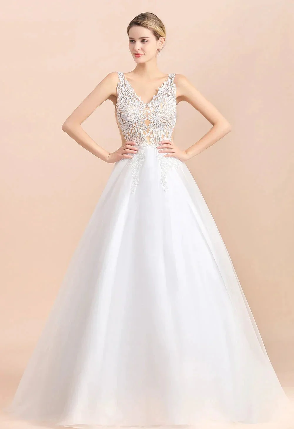 Boho Long A-line V-Neck Straps Tulle Appliques Lace Wedding Dress - Image 4