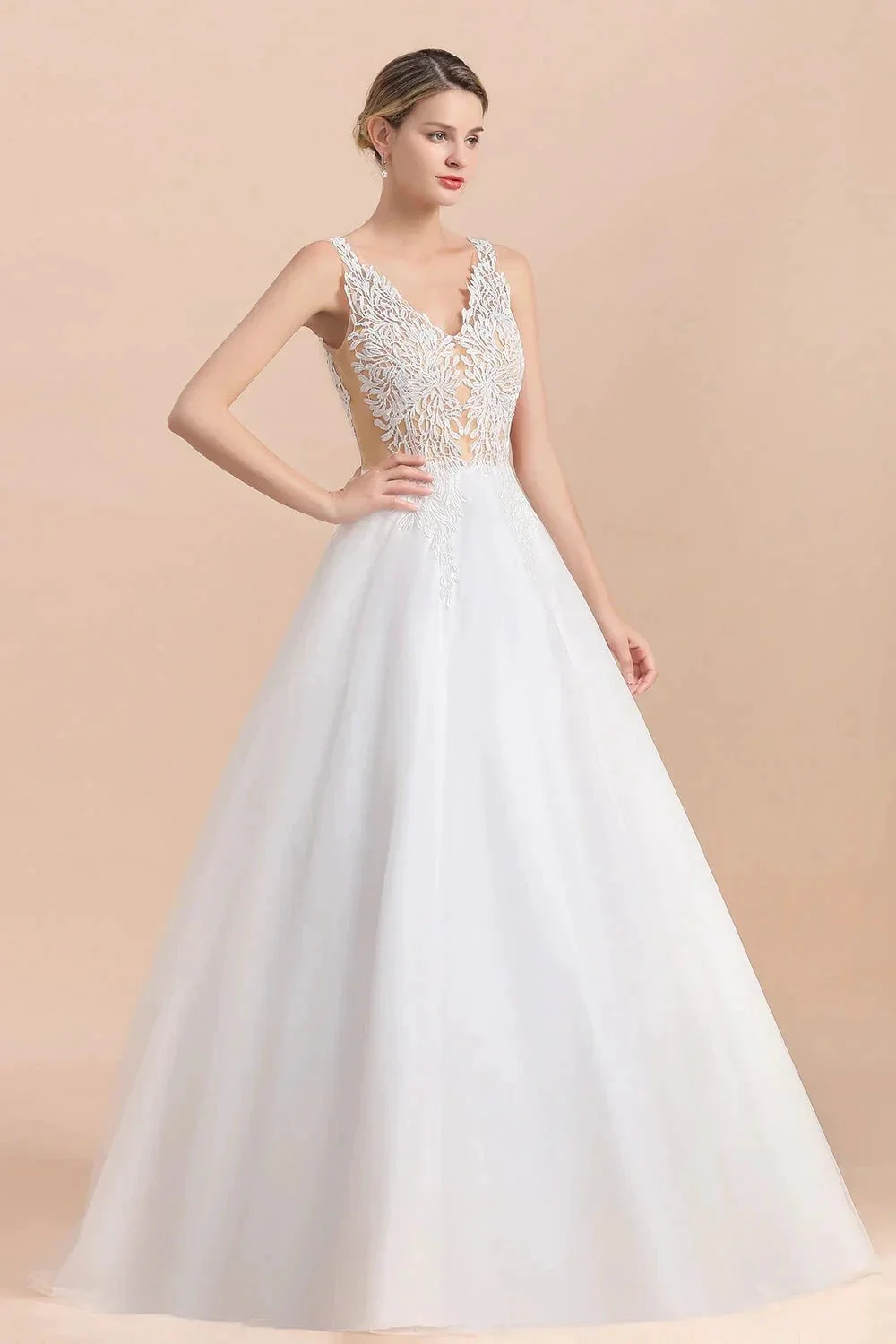 Boho Long A-line V-Neck Straps Tulle Appliques Lace Wedding Dress - Image 5
