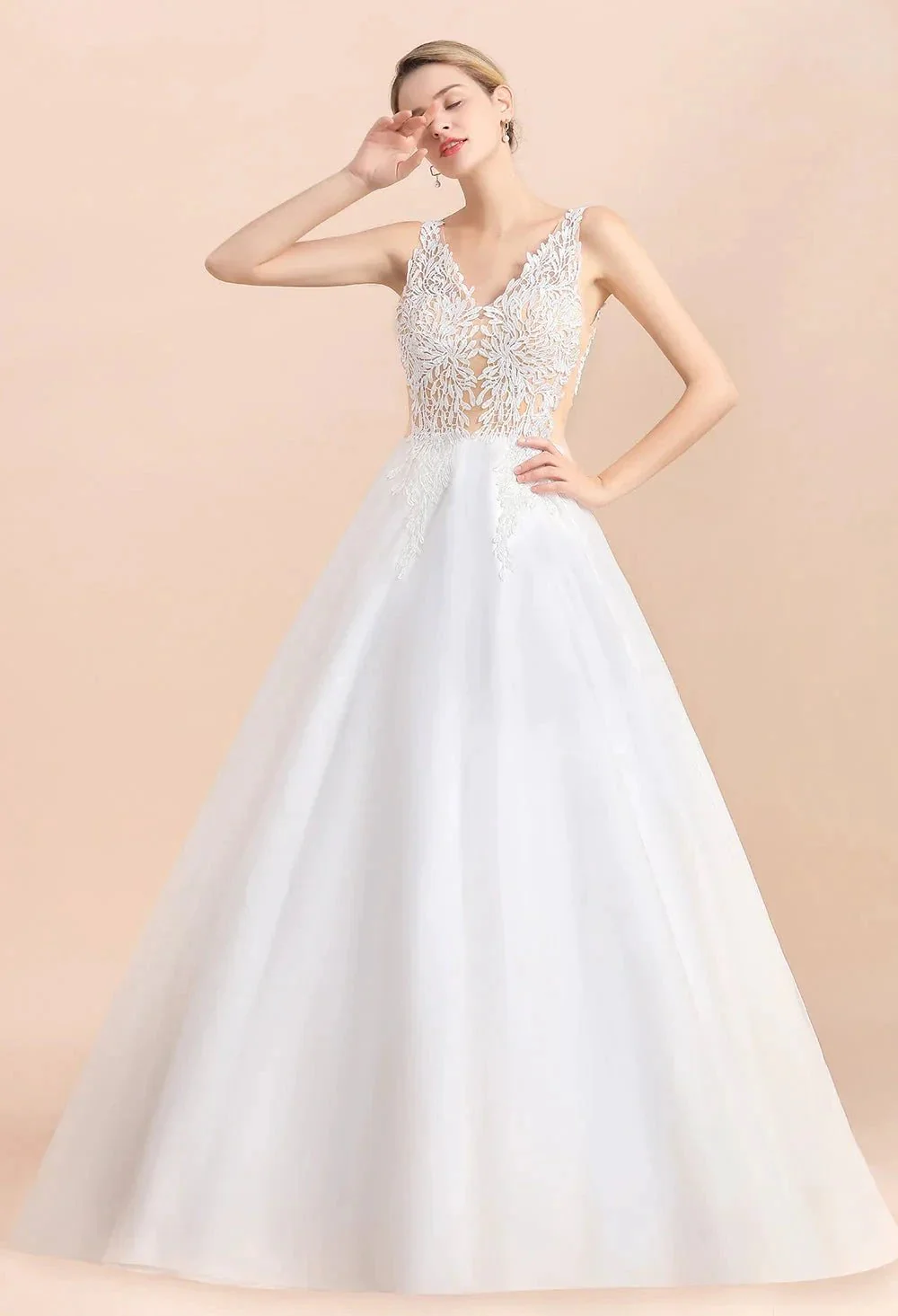 Boho Long A-line V-Neck Straps Tulle Appliques Lace Wedding Dress - Image 6