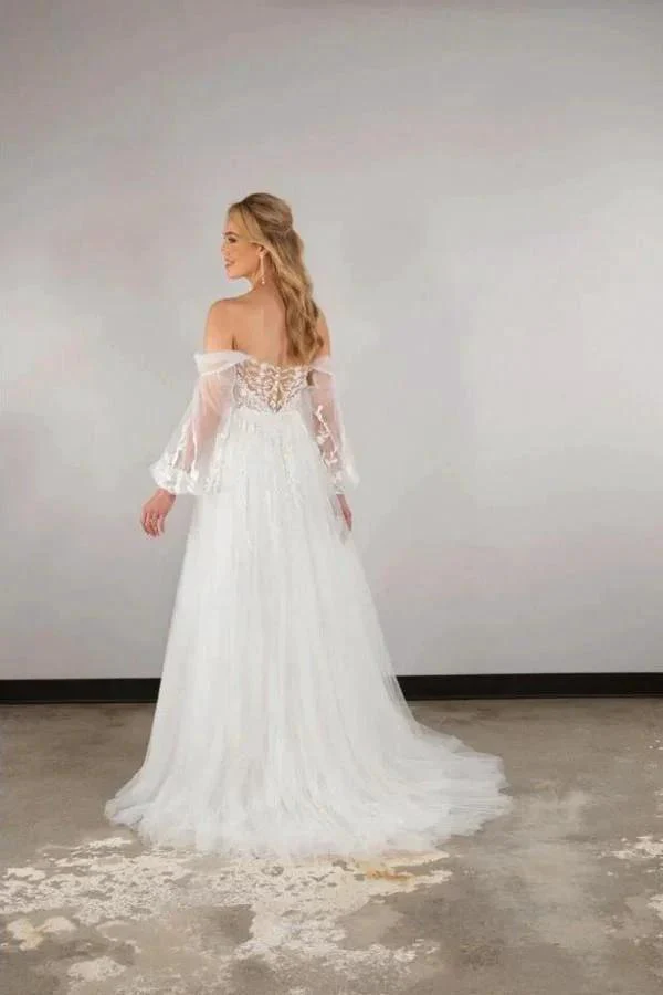 Boho Long White A-line Off-the-shoulder Lace Wedding Dresses with Long Sleeves - Image 2