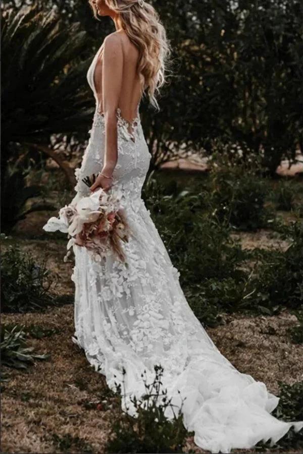 Boho Mermaid Wedding Dress Flower Appliques Deep V Neck Bridal Gown WD637 - Image 2